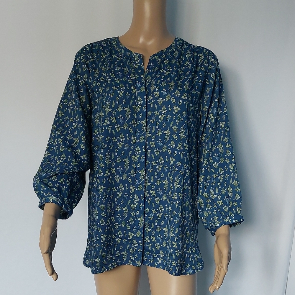 Jachs Girlfriend Blouse Button Front Blue Floral 3/4 Sleeve Women’s‎ M